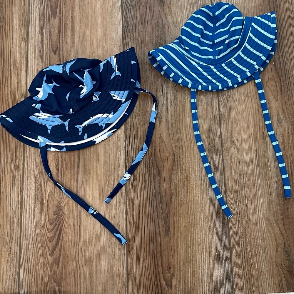 Hanna Anderson swim hats. Set of two. Blue sharks & Blue stripes.